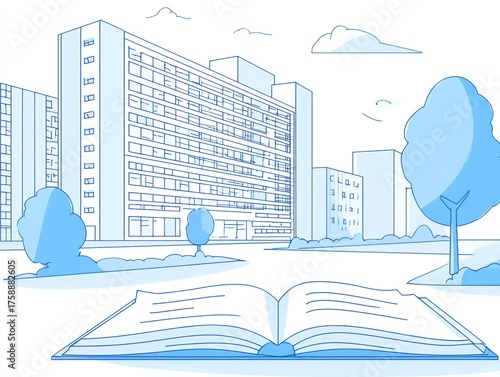 Open book depicting buildings and landscape education and knowledge concept