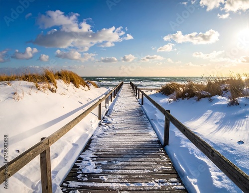 Winter beach scene of a boardwalk leading toward the ocean, sunny sky