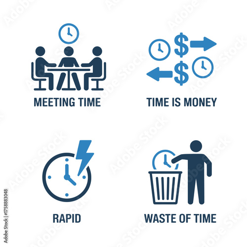Time Management Icons Set: Meeting Time, Time Is Money, Rapid & Waste of Time Illustration.