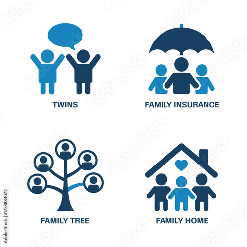Family Icons Set: Twins, Family Insurance, Family Tree & Family Home Concept Illustration.