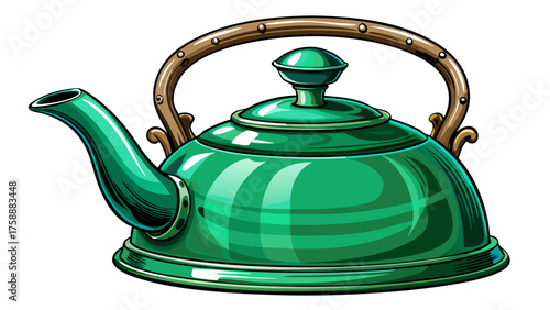 Very beautiful classic vintage enamel kettle in rich emerald green, polished to perfection, with graceful curves and details, complementing the crisp white background with vibrant sophistication.