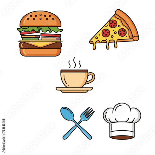 Illustration of a burger, pizza slice, coffee cup, utensils, and chef's hat.