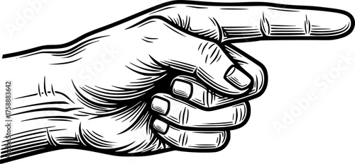 Detailed Vintage Hand Pointing Gesture in Black and White Engraving Signature Illustration
