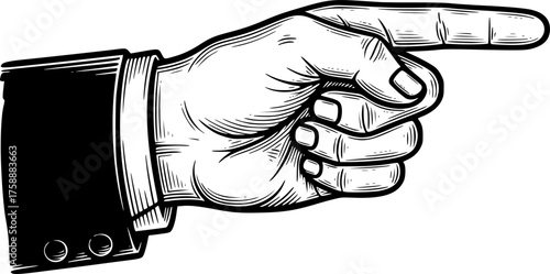 Detailed Vintage Hand Pointing Gesture in Black and White Engraving Signature Illustration

