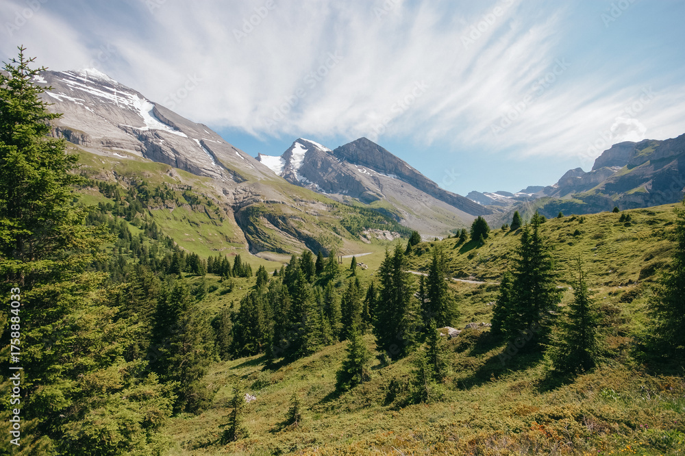 Fototapeta premium Alpine valley with snow-capped peaks in Kandersteg, Switzerland