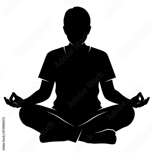 A black silhouette of a person sitting cross-legged in meditation. Perfect for wellness, yoga, mindfulness, meditation, and spiritual themed designs, posters, digital artwork, and print projects.
