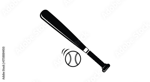 A classic baseball bat poised to strike a baseball in a striking black and white silhouette illustration