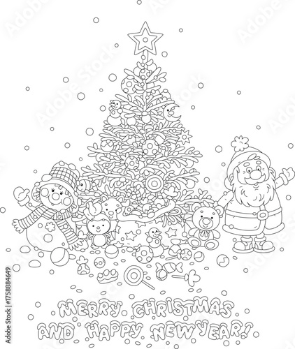 Santa Claus and funny snowman with a magic gift bag and a decorated Christmas tree with holiday toys, balls, garlands and sweets, black and white vector cartoon illustration for a coloring book