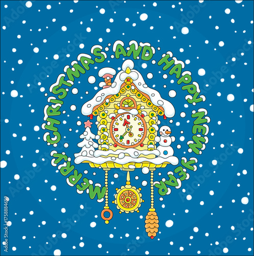 Merry Christmas and happy New Year card with a festively decorated cartoony cuckoo-clock covered with snow, vector cartoon illustration