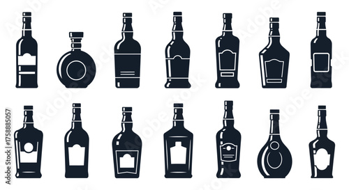 Collection of various dark liquor bottles and spirits presented in a clean silhouette style on a white background