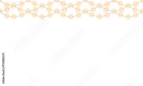 Warm glowing string lights or christmas fairy lights overlay with soft warm golden yellow white illumination for festive event celebration and home decoration on transparent background