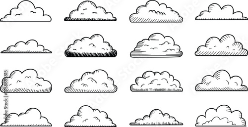 hand drawn cloud set cad drawing, flat vector illustration, vintage sketch style, cartoon weather design, fluffy cloud collection