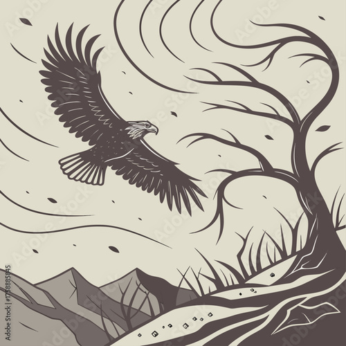 Illustration of an eagle soaring near a barren tree against a mountainous backdrop, rendered in a vintage style, emphasizing themes of freedom, nature, and resilience in a stark landscape