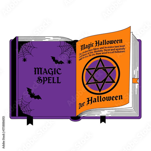 An open magic spell book with Halloween-themed illustrations like bats, spiders, and a hexagram.