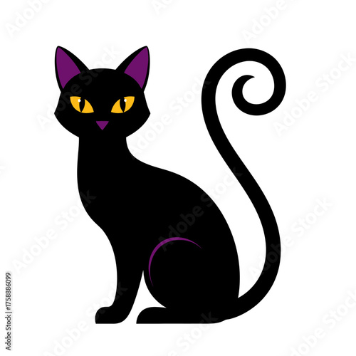 A sleek black cat with purple accents, sitting and looking forward with yellow eyes and a curled tail.