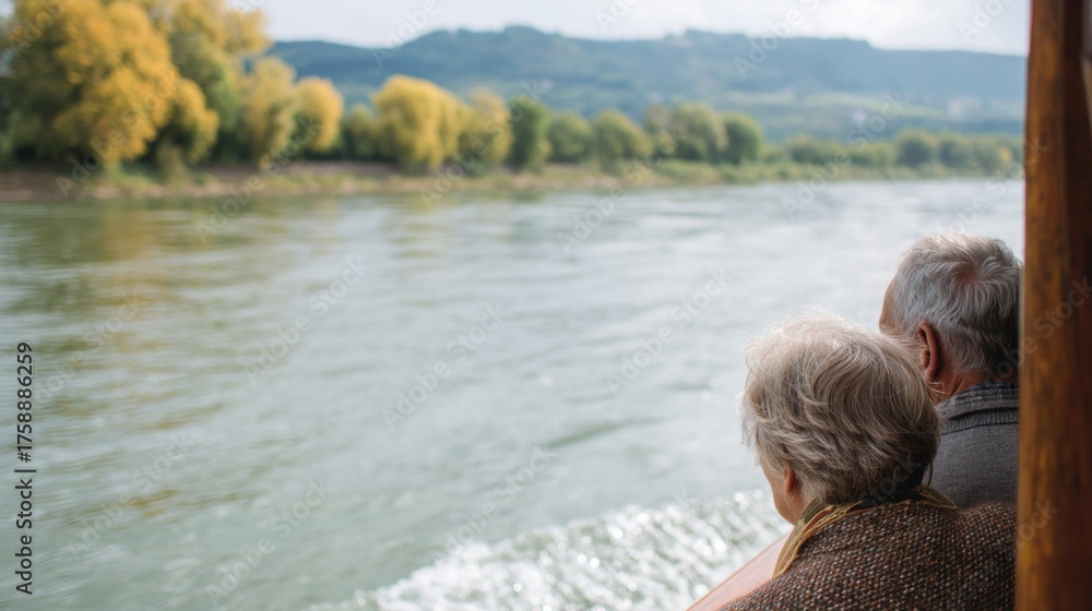 Fototapeta premium Elderly couple sitting on a boat, looking out over a river. the couple is facing away from the camera, with the man's arm around the woman's waist.