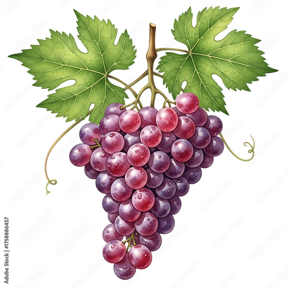Fototapeta premium Red Grapes with Green Leaves and Tendrils fruit bunch of grapes