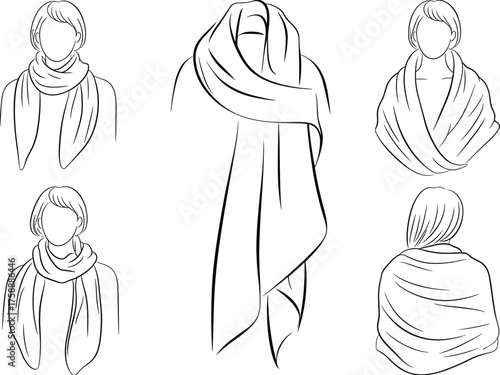 Winter scarf wearing styles illustration, fashionable woman shawl and wrap designs, cozy accessory collection, vector cad fashion sketch
