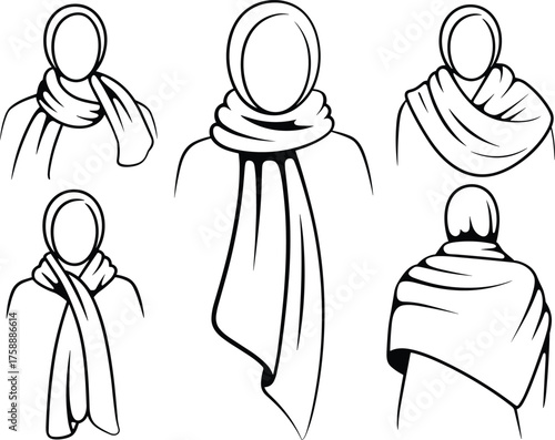 Winter scarf wrapping styles illustration, cozy shawl and neck wrap designs, fashion accessory collection, cad drawing flat vector illustration