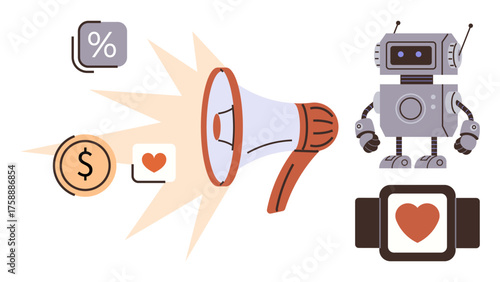 Robot with a smartwatch, a megaphone amplifying a heart icon, dollar sign, and percentage icon. Ideal for automation, marketing, digital communication, technology, innovation business and AI