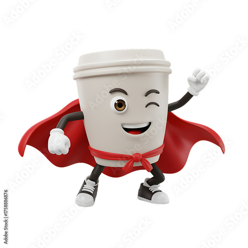 Superhero Coffee Cup Mascot Winking with Red Cape and Belt.