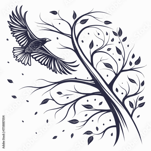 Vector art of striking vector illustration of a bird in flight near a stylized tree with sparse leaves, , conveying a sense of freedom and natural beauty in a minimalist design