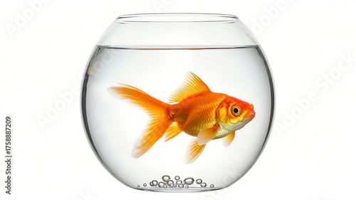 Goldfish swimming in a fishbowl isolated on white background