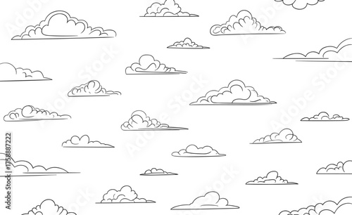 hand drawn cloud line art collection, minimal doodle sky shapes, simple outline weather elements, fluffy clouds cad drawing flat vector illustration