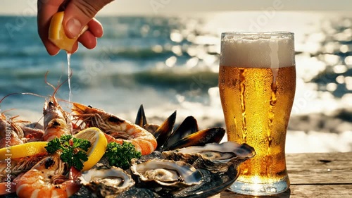 Seafood platter with beer glass and ocean background for culinary concepts