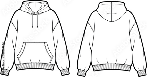 hoodie sweatshirt technical flat sketch, front and back view clothing design template, drawstring hood, kangaroo pocket, cad drawing flat vector illustration