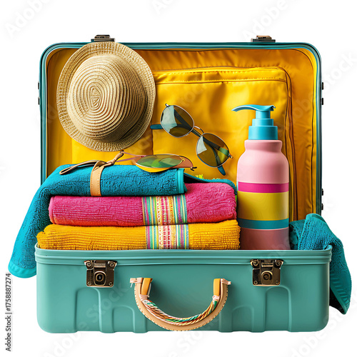 3D open blue suitcase with beach accessories without background isolated