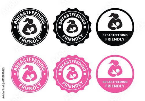 Breastfeeding icon set. Breastfeeding Friendly label. Baby care symbol. Mother and baby icons. Breastfeeding logo, badge, symbol, black, line, flat vector, isolated illustration.