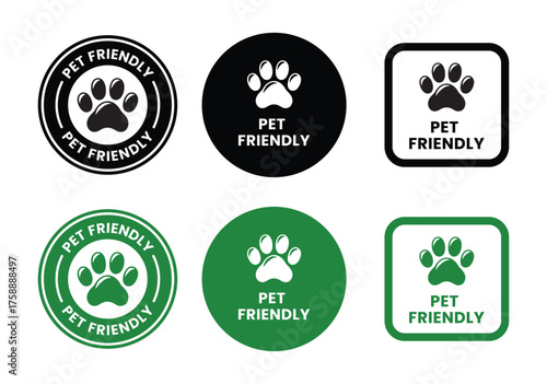 Pet Friendly icon set. Pet Friendly logo, label, sign, badge, symbol, banner, line, flat vector, isolated illustration. Pet Friendly label for product packaging design. Dogs and cats allowed sign.