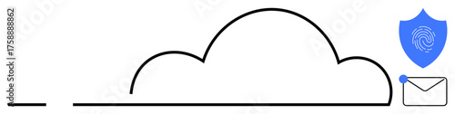 Cloud outline with shield featuring fingerprint, envelope with notification dot. Ideal for technology, data security, cloud computing, email security, digital communication, privacy, cybersecurity