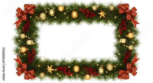 Rectangular Winter Frame with Golden Ornaments Red Ribbons Berries Pine Garland Lights