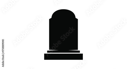 A stark black silhouette of a traditional gravestone with a rounded top on a white background