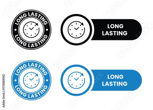 Long lasting icons set, logo, label, badge, sticker, symbol, emblem, stamp, black, line, flat vector, isolated illustration. Pharma or beauty label for product packaging design