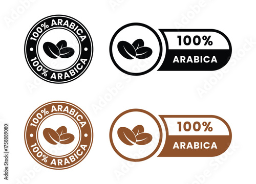 100 arabica icon. 100 robusta label. Premium coffee blend vector illustration. Coffee beans emblem, badge, sign, stamp or seal for product packaging isolated.