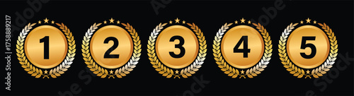 Set of Golden Number Award on Podium Stage. Number Ranking 1 2 3 4 5. Vector Illustration Isolated on White Background. Award, podium ,trophy, badge, emblem, label, vector.