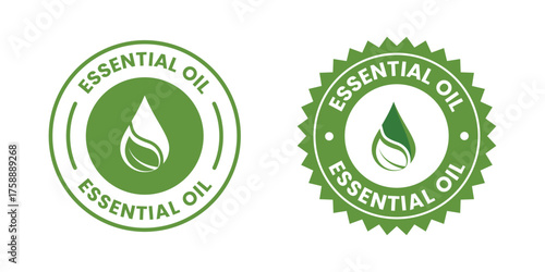Essential oil drop icon for beauty and skincare natural product certificate label. Essential oils sticker logo for body lotion, cream and shampoo moisturizer, spa wellness fragrance.