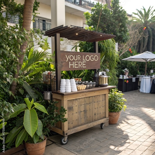 Rustic wooden beverage cart with cups and umbrella in background