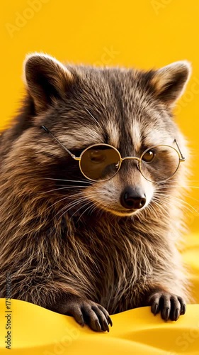 Smart raccoon wearing eyeglasses against a vibrant yellow background