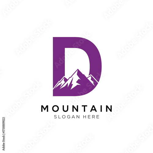 Purple letter d logo with mountain silhouette and text
