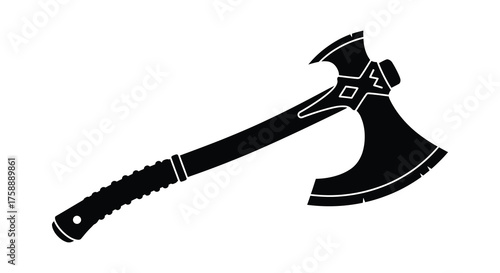 A detailed black silhouette of a battle axe with a textured handle and sharp blade on a white background silhouette