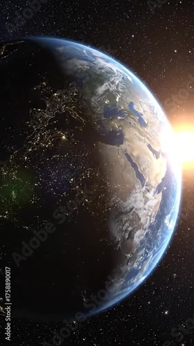 Earth at dawn illuminated cities under stars in outer space