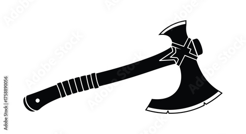 A detailed black silhouette of a battle axe with a textured handle and sharp blades on a white background
