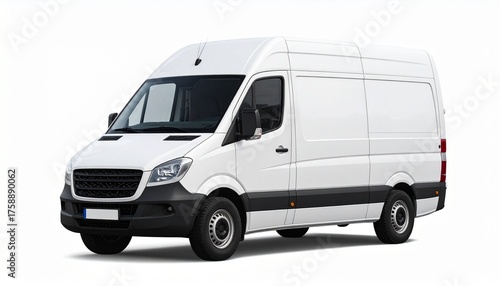 High-roof white cargo van with black trim and extended body, designed for maximum utility in commercial transport.