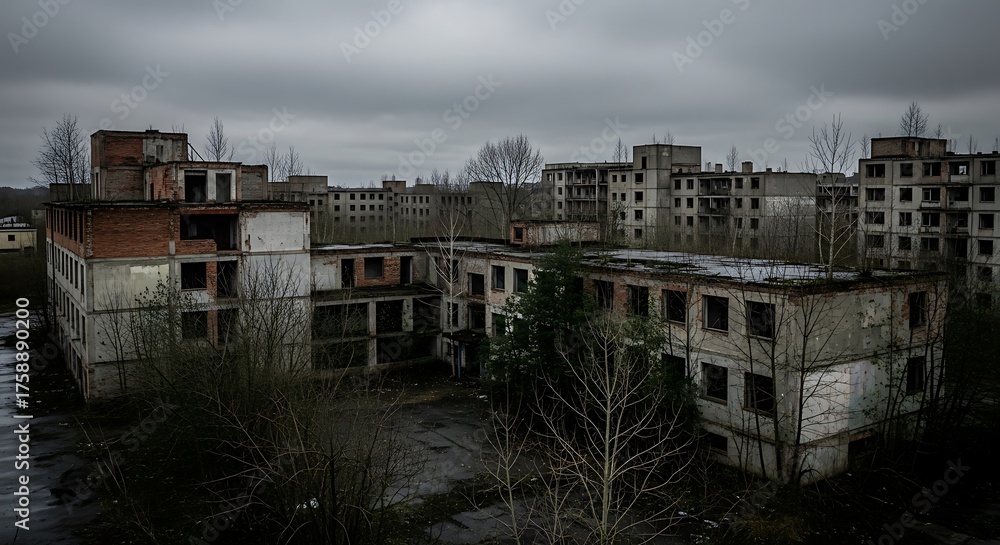 Fototapeta premium A desolate, overcast view of decaying apartment buildings, surrounded by barren trees, showcasing the haunting beauty of abandonment.