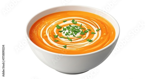A realistic cartoon bowl of creamy pumpkin soup with a swirl of cream, sprinkled with parsley, vivid colors, detailed textures, isolated on white.