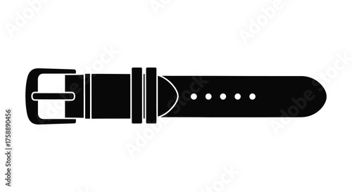 Close up of a black leather watch strap with a silver buckle in a clean silhouette style
